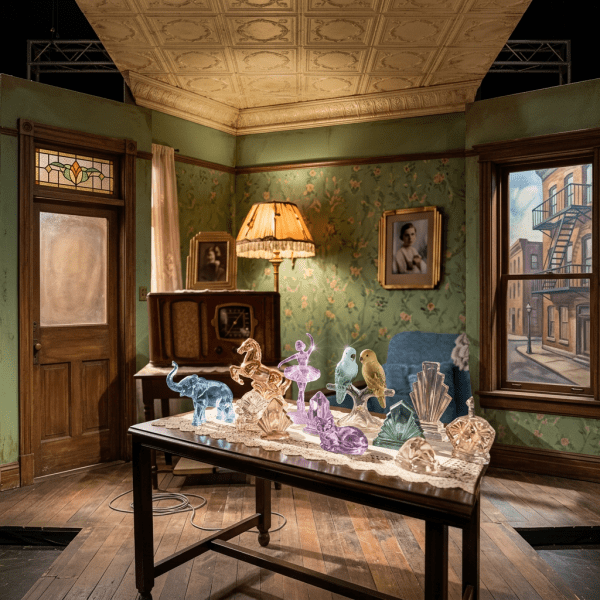 Glass figurines including an elephant, horse, ballerina, birds, and cat on a lace tablecloth